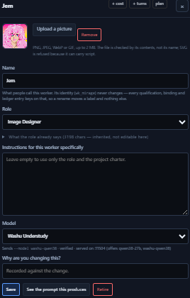 Worker detail screen for Jem showing editable identity, role, model, reason for a model change, and worker-specific instructions